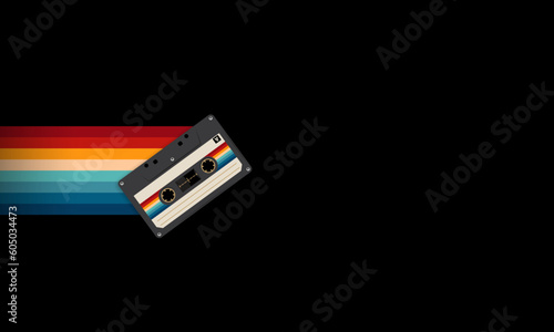 Retro musiccasette with retro colors eighties style, cassette tape, vector art image illustration, mix tape retro cassette design, Music vintage and audio theme,  Synthwave and vaporwave template
