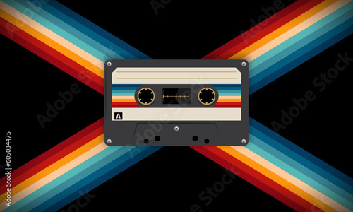 Retro musiccasette with retro colors eighties style, cassette tape, vector art image illustration, mix tape retro cassette design, Music vintage and audio theme,  Synthwave and vaporwave template
