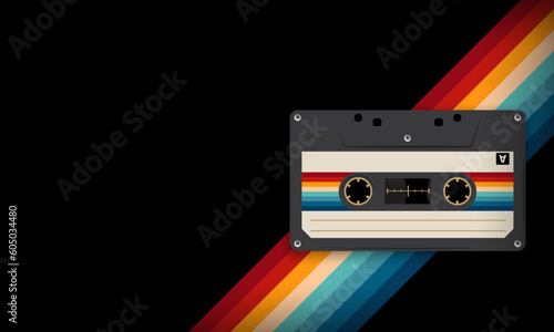 Retro musiccasette with retro colors eighties style, cassette tape, vector art image illustration, mix tape retro cassette design, Music vintage and audio theme,  Synthwave and vaporwave template
