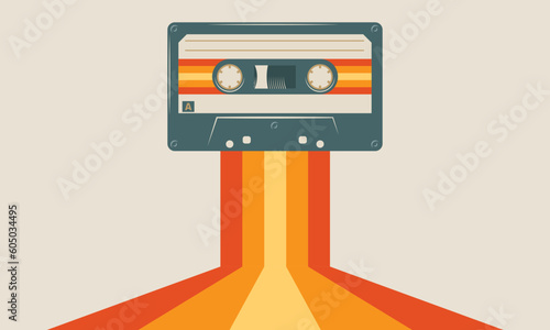 Retro musiccasette with retro colors eighties style, cassette tape, vector art image illustration, mix tape retro cassette design, Music vintage and audio theme,  Synthwave and vaporwave template
