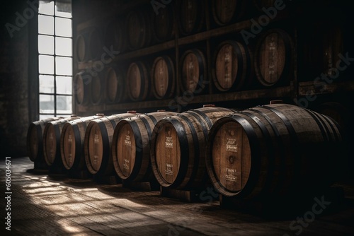 Photo Bourbon barrels aligned to be moved. Generative AI