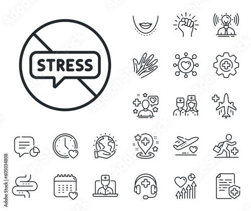 Anxiety depression sign. Online doctor, patient and medicine outline icons. Stop stress line icon. Mental health symbol. Stop stress line sign. Veins, nerves and cosmetic procedure icon. Vector