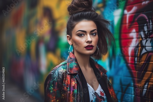 A fashion model posing in front of a colorful graffiti wall. Generative Ai