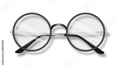 Black round glasses concept. Accessory for treatment of vision problems, glasses with diopters. Fashion and style. Optics, see well, lens, eyeglasses. Realistic 3D vector illustration