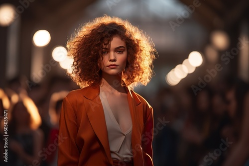 Young fashion model with curly hair walking at a Fashion show during warm spotlights on background. Generative Ai photo