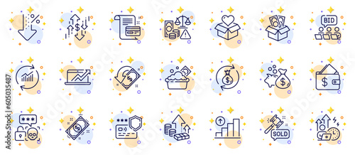 Outline set of Cyber attack, Dollar rate and Cashback line icons for web app. Include Payment, Payment card, Update data pictogram icons. Launder money, Graph chart, Donation signs. Vector