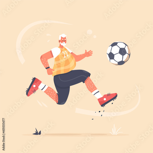 Grandfather kicking football. Enjoying the game. Active senior man play soccer. Elderly grandpa do active sport. Modern pensioner lead healthy lifestyle. Trendy vector illustration.