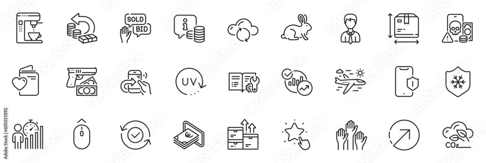 Icons pack as Cloud sync, Uv protection and Bid offer line icons for app include Share call, Robbery, Cash outline thin icon web set. Direction, Love document, Ranking star pictogram. Vector