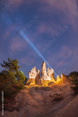 Photographs of the Phrygian valley and rock forms in the Afyon province at night under the Milky Way and the stars photo