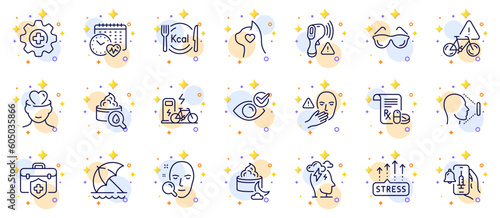 Outline set of Cardio calendar, Electronic thermometer and Medical insurance line icons for web app. Include Beach umbrella, Bike attention, Face search pictogram icons. Pets care. Vector