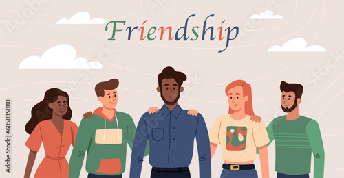 Happy youth day. Men and women stand and put their hand on each others shoulder. Symbol of good relations and friendship. Respect and unity. International holiday. Cartoon flat vector illustration