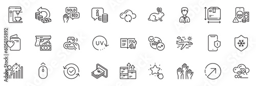 Icons pack as Cloud sync, Uv protection and Bid offer line icons for app include Share call, Robbery, Cash outline thin icon web set. Direction, Love document, Ranking star pictogram. Vector