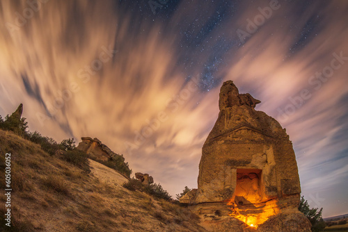 Photographs of the Phrygian valley and rock forms in the Afyon province at night under the Milky Way and the stars photo