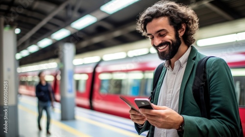 Smiling bearded man looking at his smart phone at a train station. Generative AI