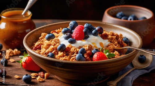 Bowl of homemade granola, sprinkled with fresh berries and yogurt, served with honey. Healthy and nutritious taste of breakfast dishes. Generative AI