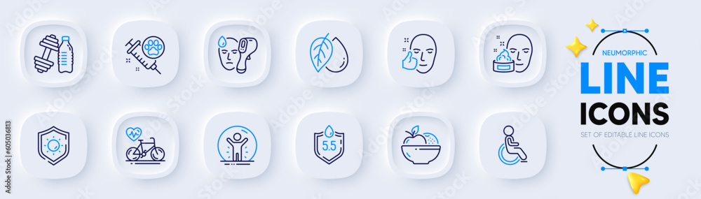Dog vaccination, Healthy face and Disability line icons for web app. Pack of Ph neutral, Fruits, Sun protection pictogram icons. Dumbbell, Mineral oil, Face cream signs. Recovered person. Vector
