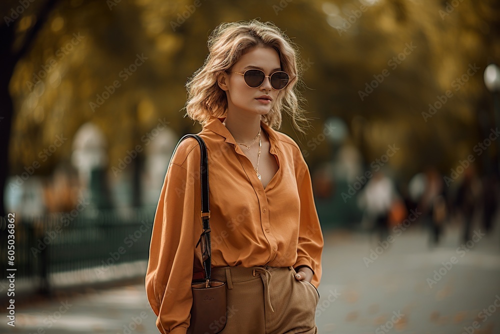 Portrait of stylish young model outdoor in city park on background. Generative Ai Portrait of stylish young model outdoor in city park on background. Generative Ai
