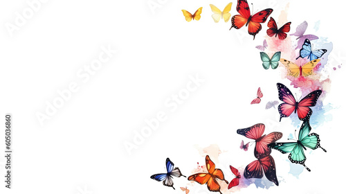 butterflies of different species as a frame border, copyspace, generative ai