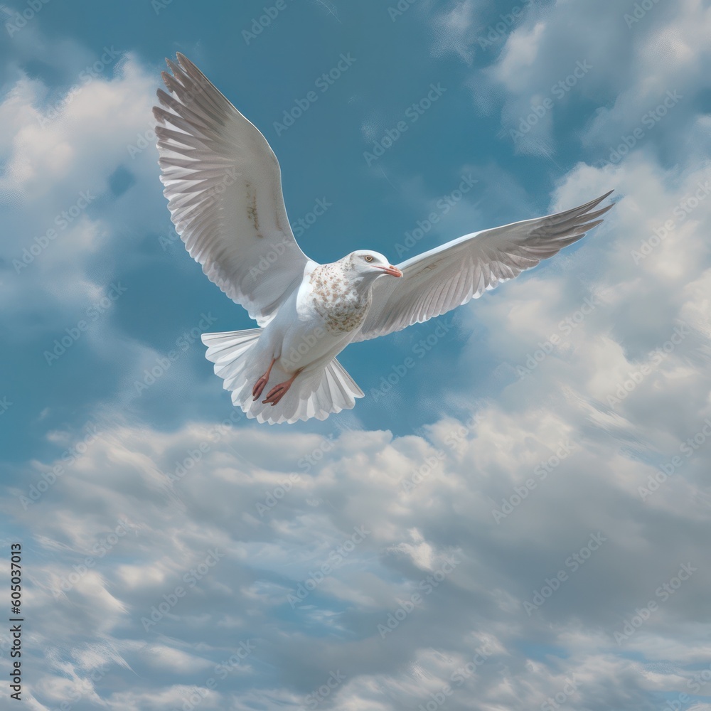 Fototapeta premium seagull fly against the blue sky with clouds. Sea bird gracefully fly in the air. Generative AI