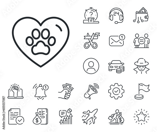Veterinary clinic sign. Salaryman, gender equality and alert bell outline icons. Pets care line icon. Dog paw in heart symbol. Pets care line sign. Spy or profile placeholder icon. Vector