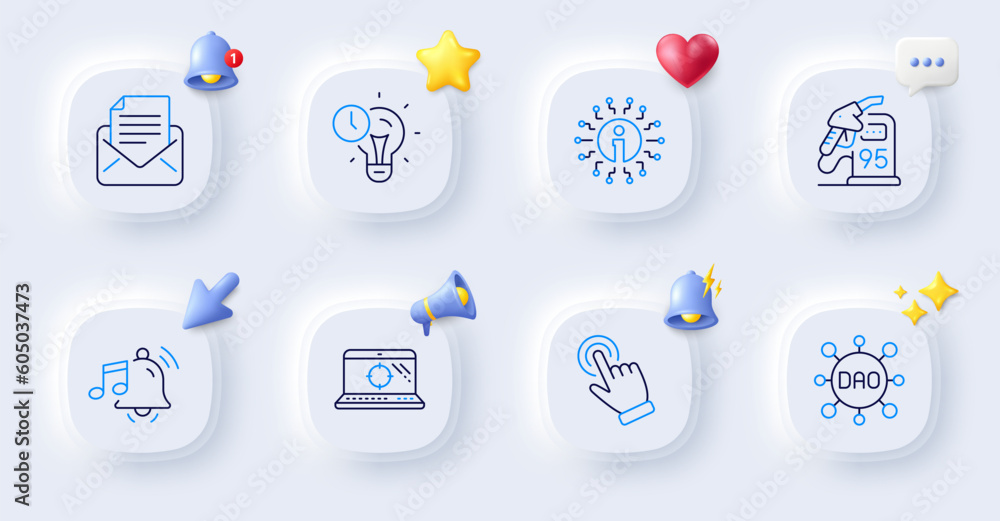 Petrol station, Dao and Alarm sound line icons. Buttons with 3d bell, chat speech, cursor. Pack of Cursor, Seo laptop, Time management icon. Mail correspondence, Info pictogram. Vector Petrol station, Dao and Alarm sound line icons. Buttons with 3d bell, chat speech, cursor. Pack of Cursor, Seo laptop, Time management icon. Mail correspondence, Info pictogram. Vector