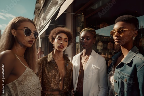 A group of fashion and stylish young models in sunglasses posing on NY streets during sunlight. Generative Ai