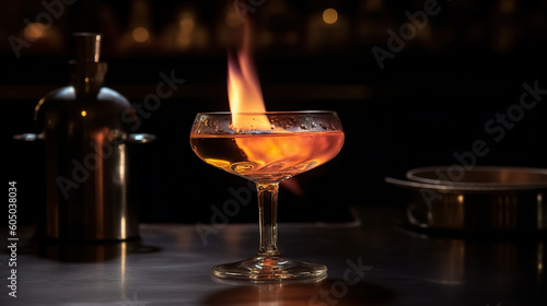 Creative cocktail with bright colours and fire. Unusual drinks. New experimental alcoholic cocktail. Realistic 3D illustration. Generative AI