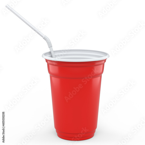 Plastic disposable party cup for coffee or fresh with straw on white background.