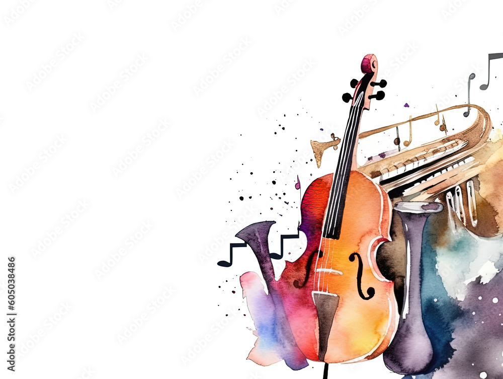 Fototapeta premium diverse musical instruments as a frame border, copyspace, generative ai