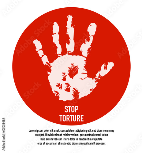 Victims of torture. Handprint on red circle. Mental health and psychology. Stop violence. International day support of victims. Poster or banner for website. Cartoon flat vector illustration