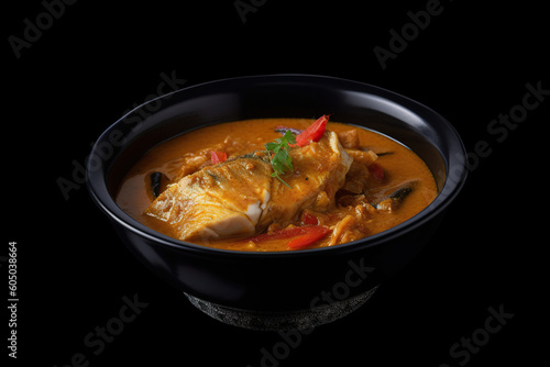 Fish curry seer fish curry ,traditional indian fish curry. Moqueca Baiana of fish and bell peppers in spicy coconut sauce close-up on a plate. Realistic 3D illustration. Generative AI