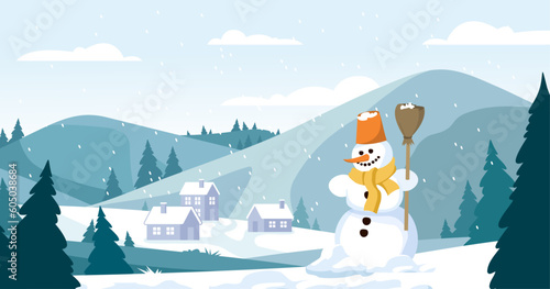 Winter landscape with snowman. Beautiful natural panorama with snowman with bucket on his head and broom in his hand. Mountains and houses on hills, Christmas trees. Cartoon flat vector illustration