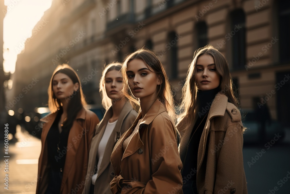 A group of fashion and stylish young models posing on NY streets during sunlight. Generative Ai