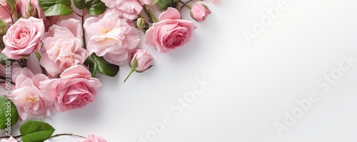 a Horizontal format with Roses in margin with product or copy space. nature design template. picturesque floral-themed, photorealistic illustrations in JPG. 10:4 aspect. Generative ai © Purple Penguin GFX