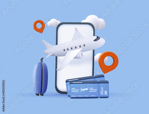 3D mobile phone with ticket for flight airplane, suitcase, tourism and travel planning flight plane. 3d travel booking