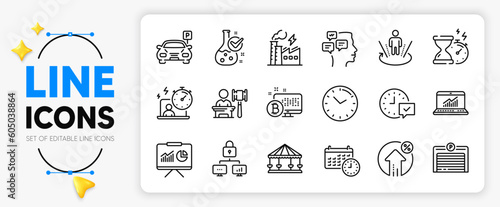 Parking, Bitcoin system and Carousels line icons set for app include Electricity factory, Presentation, Auction outline thin icon. Select alarm, Loan percent, Parking garage pictogram icon. Vector
