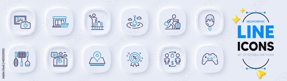 Luggage belt, Grill tools and Buying process line icons for web app. Pack of Ice cream, Travel luggage, Fishing float pictogram icons. Photo camera, Gamepad, Marketplace signs. Discount. Vector Luggage belt, Grill tools and Buying process line icons for web app. Pack of Ice cream, Travel luggage, Fishing float pictogram icons. Photo camera, Gamepad, Marketplace signs. Discount. Vector