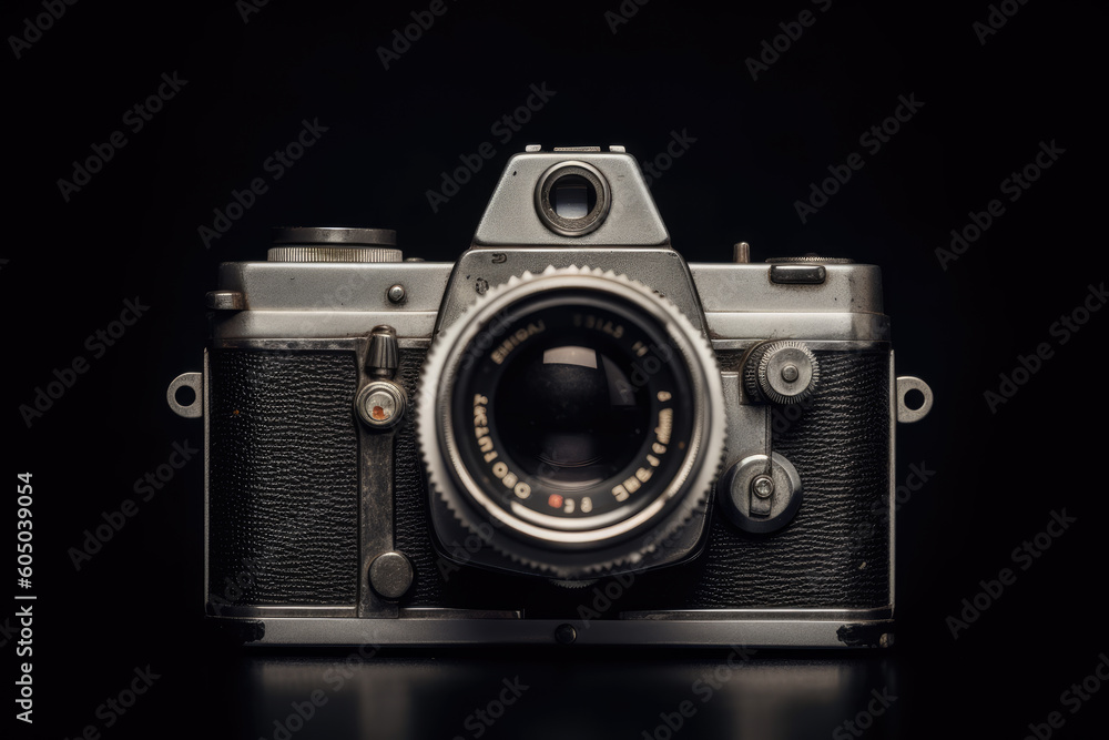 Vintage 35 mm film photography camera isolated, front view closeup. AI