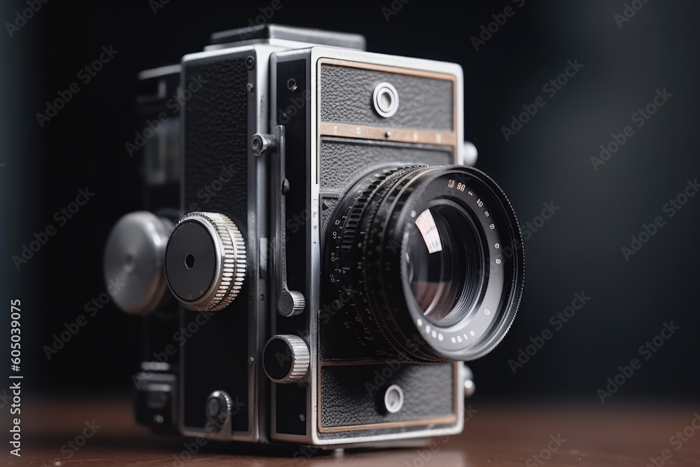 Vintage 35 mm film photography camera isolated, front view closeup. AI