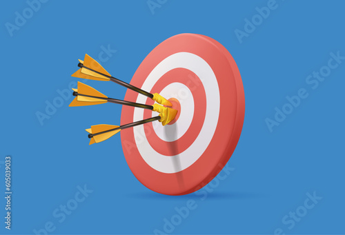3D dart board with arrows hit on center of target, the success business target customer online. Digital marketing, 3D