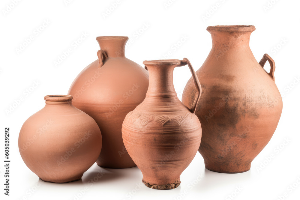 Set of ancient terracotta jugs and jars isolated. AI