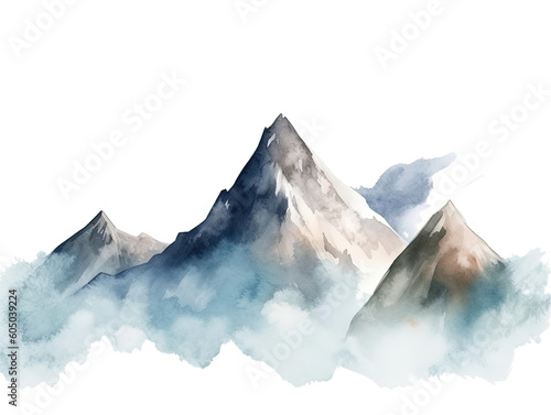 tranquil mountain peaks in watercolor style forming a frame border, copyspace, generative ai