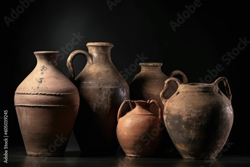 Set of ancient terracotta jugs and jars isolated. AI