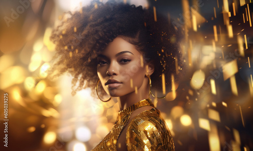 Fotografiet Beautiful young woman in gold with sparkly hair posing, AI generative girl in golden dress