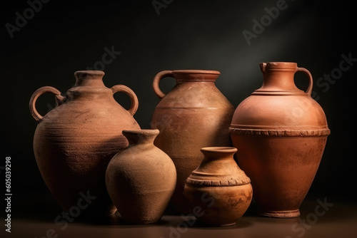 Set of ancient terracotta jugs and jars isolated. AI