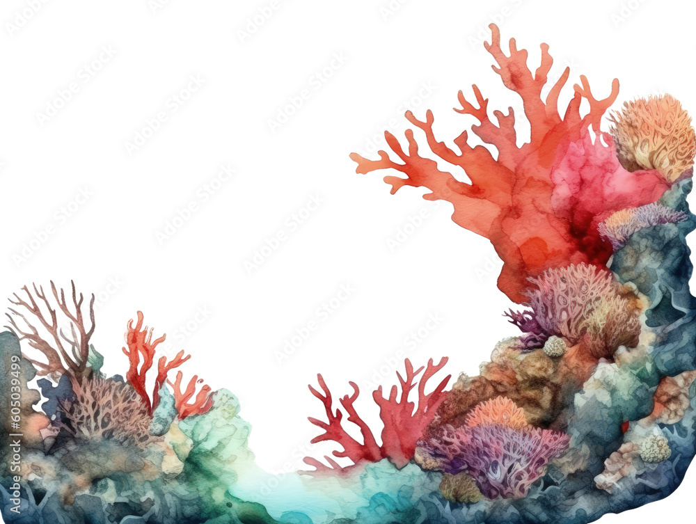 vibrant coral reefs forming a frame border, copyspace, generative ai