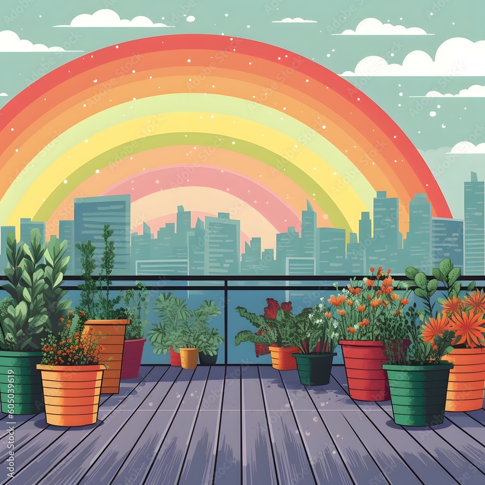 seamless clip art illustration of An urban rooftop garden or terrace with a rainbow stretching
