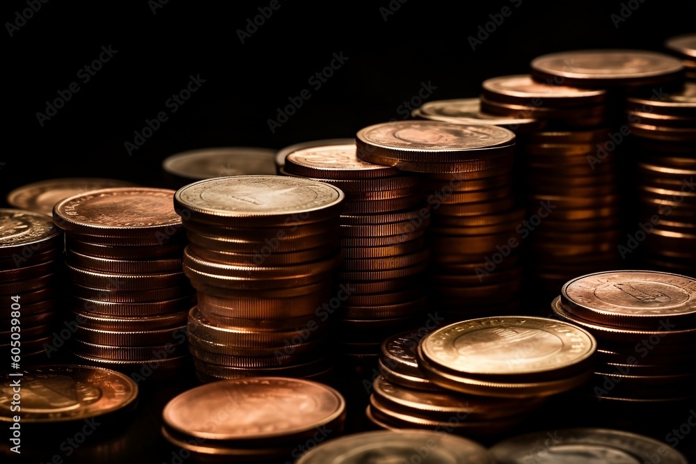 Stack of gold coins in piles for finance and banking, currency earning profit, saving riches and wealth. Income, profits, finance, investment, interest concept. Generative AI. Stack of gold coins in piles for finance and banking, currency earning profit, saving riches and wealth. Income, profits, finance, investment, interest concept. Generative AI.