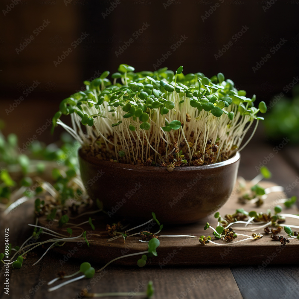 Fresh young sprouts . Microgreen healthy food. Generated by AI. Fresh young sprouts . Microgreen healthy food. Generated by AI.