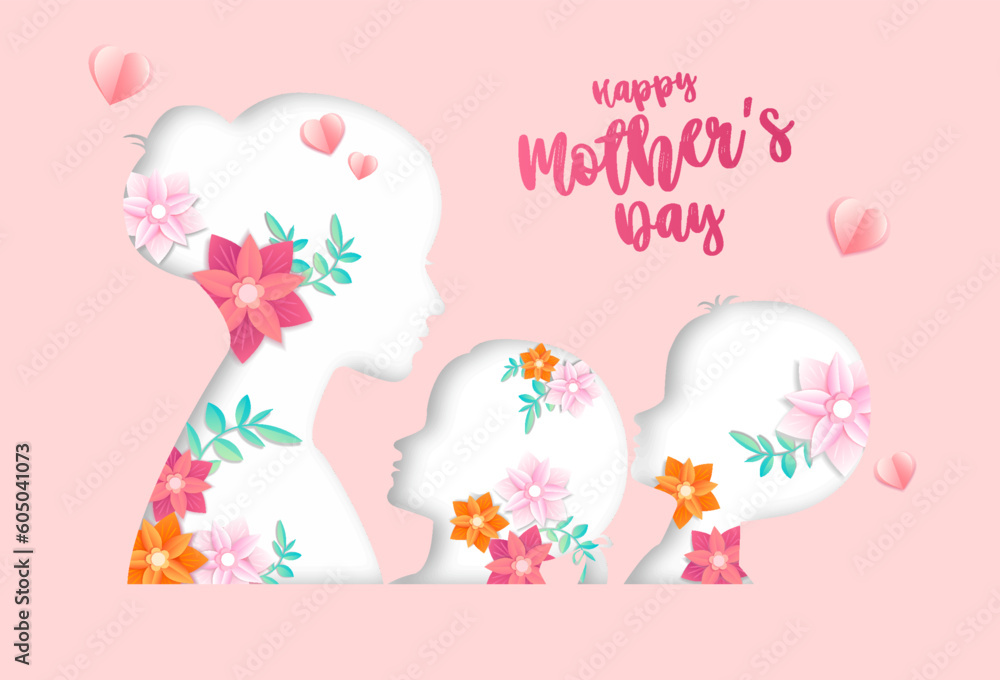 Mothers day banner. Silhouette of young girl with plants and child. Greeting postcard design in paper cut style. Good family relationships, love, care and support. Cartoon vector illustration Mothers day banner. Silhouette of young girl with plants and child. Greeting postcard design in paper cut style. Good family relationships, love, care and support. Cartoon vector illustration
